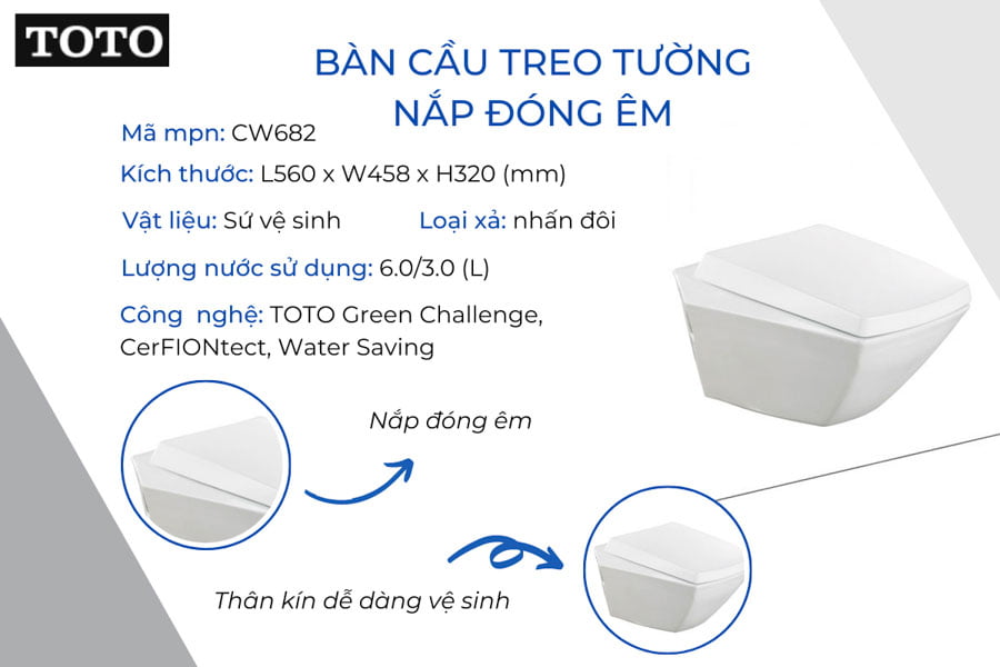 Bồn cầu TOTO treo tường nắp êm chính hãng