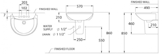 Chậu Lavabo COTTO C0237/C4201 Chân Ngắn Treo Tường
