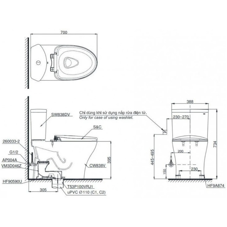 Bồn Cầu Điện Tử TOTO CS838DW18 Nắp Rửa Washlet TCF23710AAA C2 Simple