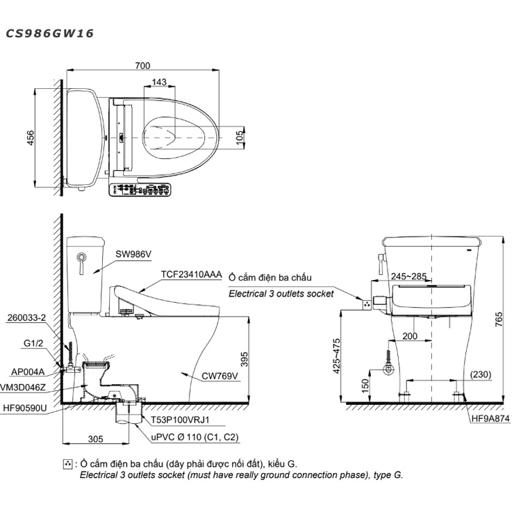 Bồn Cầu Điện Tử TOTO CS986GW18 Nắp Rửa Washlet TCF23710AAA C2 Simple