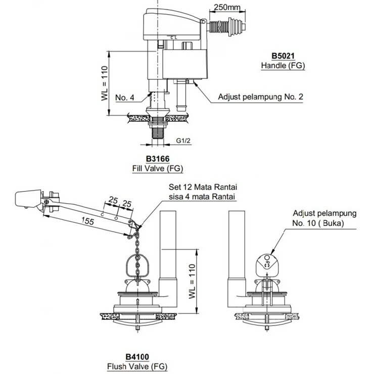 Bộ Xả Bồn Cầu TOTO TX436C1-3WS (C436R) 1 Khối Bộ Xả Bồn Cầu TOTO TX436C1-3WS (C436R) 1 Khối