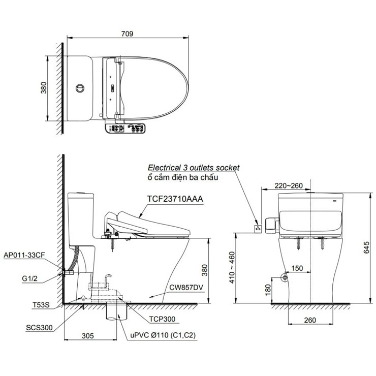 Bồn Cầu Điện Tử TOTO MS857DW18 Nắp Rửa Washlet TCF23710AAA C2