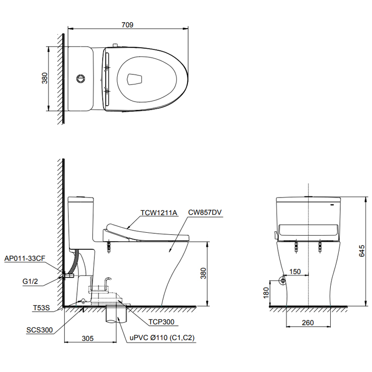 Bồn Cầu TOTO MS857DE4 Nắp Cơ Ecowasher TCW1211A