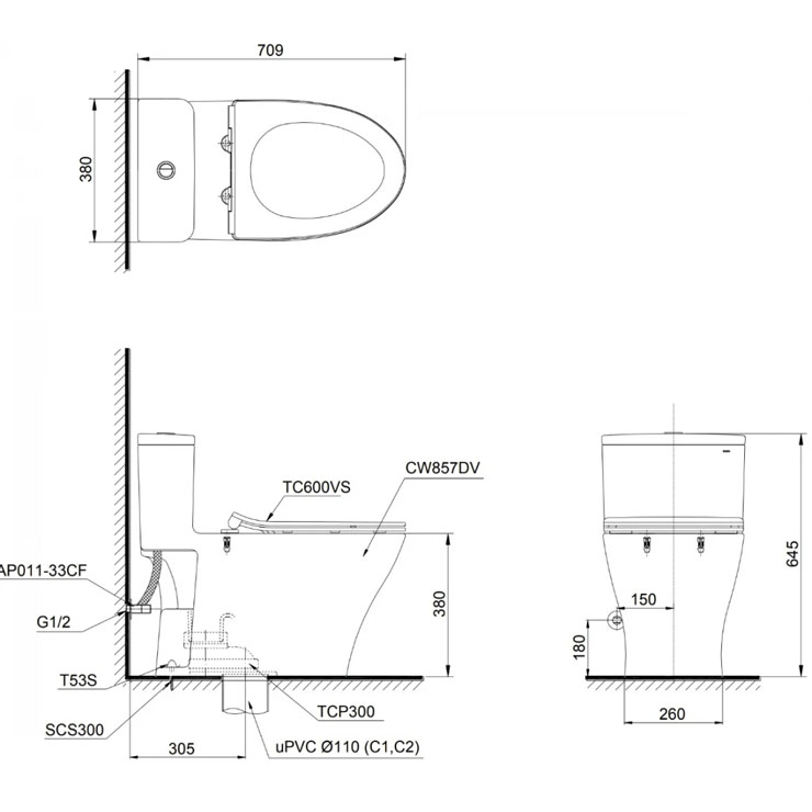 Bồn Cầu TOTO MS857DT2 1 Khối Nắp TC393VS