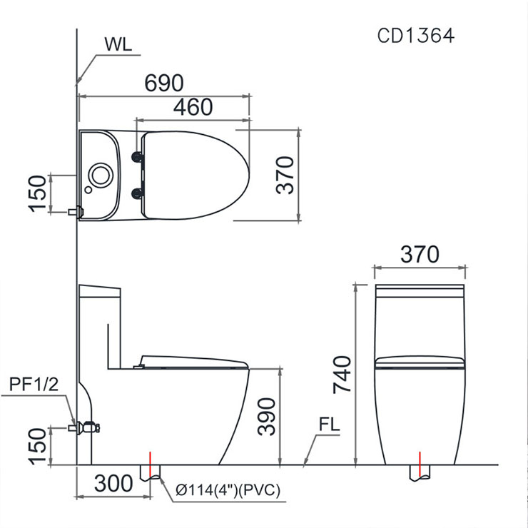 Bồn cầu 1 khối Caesar C1364 (CD1364) nắp đóng êm