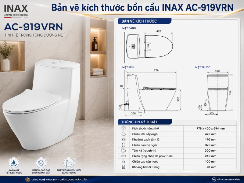Bản vẽ kích thước bồn cầu INAX AC-919VRN
