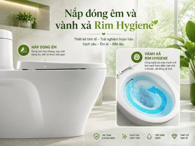 Review bồn cầu INAX AC-989VN: Có đáng mua nhất phân khúc 5 triệu? Nắp đóng êm và vành xả Rim Hygiene trên bồn cầu INAX AC-989VN